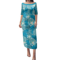 Hawaii Family Matching Puletasi and Hawaiian Shirt Teal Polynesian Monstera Patterns DT05 Mom's Dress Teal - Polynesian Pride