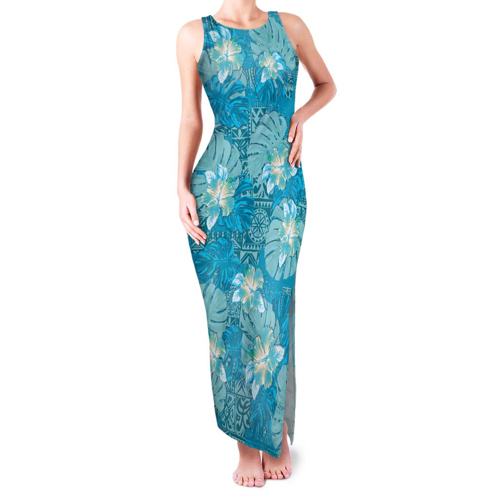 Hawaii Family Matching Tank Maxi Dress and Hawaiian Shirt Teal Polynesian Monstera Patterns - Polynesian Pride