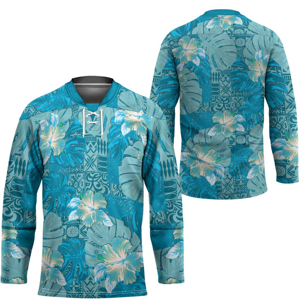 Hawaii Hockey Jersey Teal Polynesian Monstera Patterns - Polynesian Pride