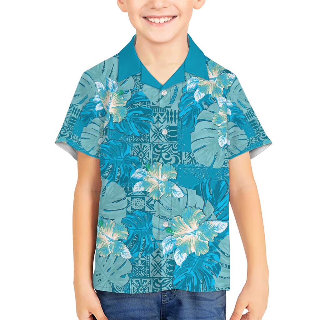 Hawaii Kid Hawaiian Shirt Teal Polynesian Monstera Patterns - Polynesian Pride