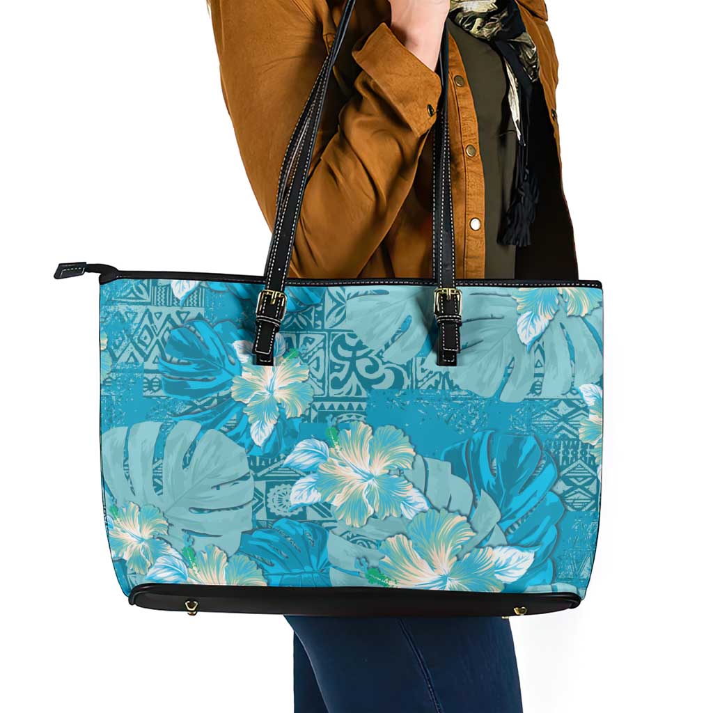 Hawaii Leather Tote Bag Teal Polynesian Monstera Patterns - Polynesian Pride
