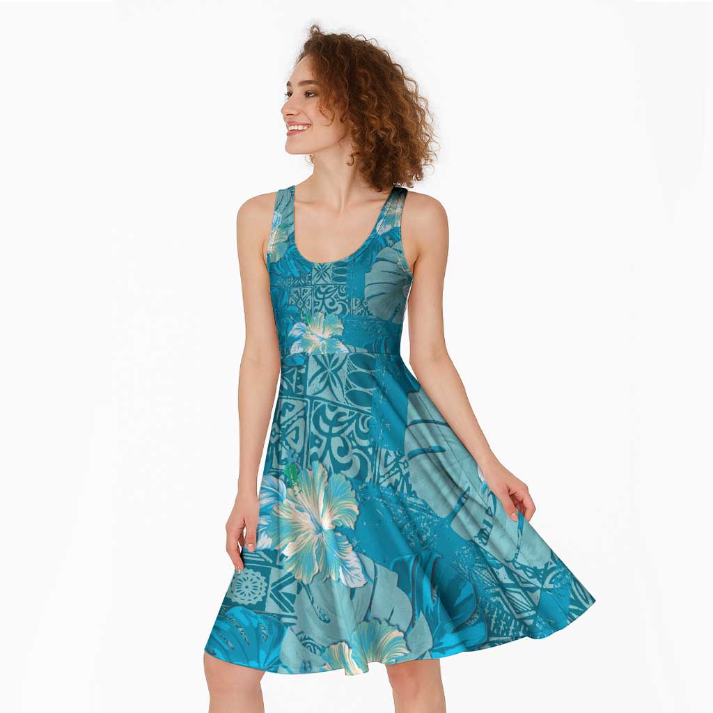Hawaii Midi Dress Teal Polynesian Monstera Patterns - Polynesian Pride