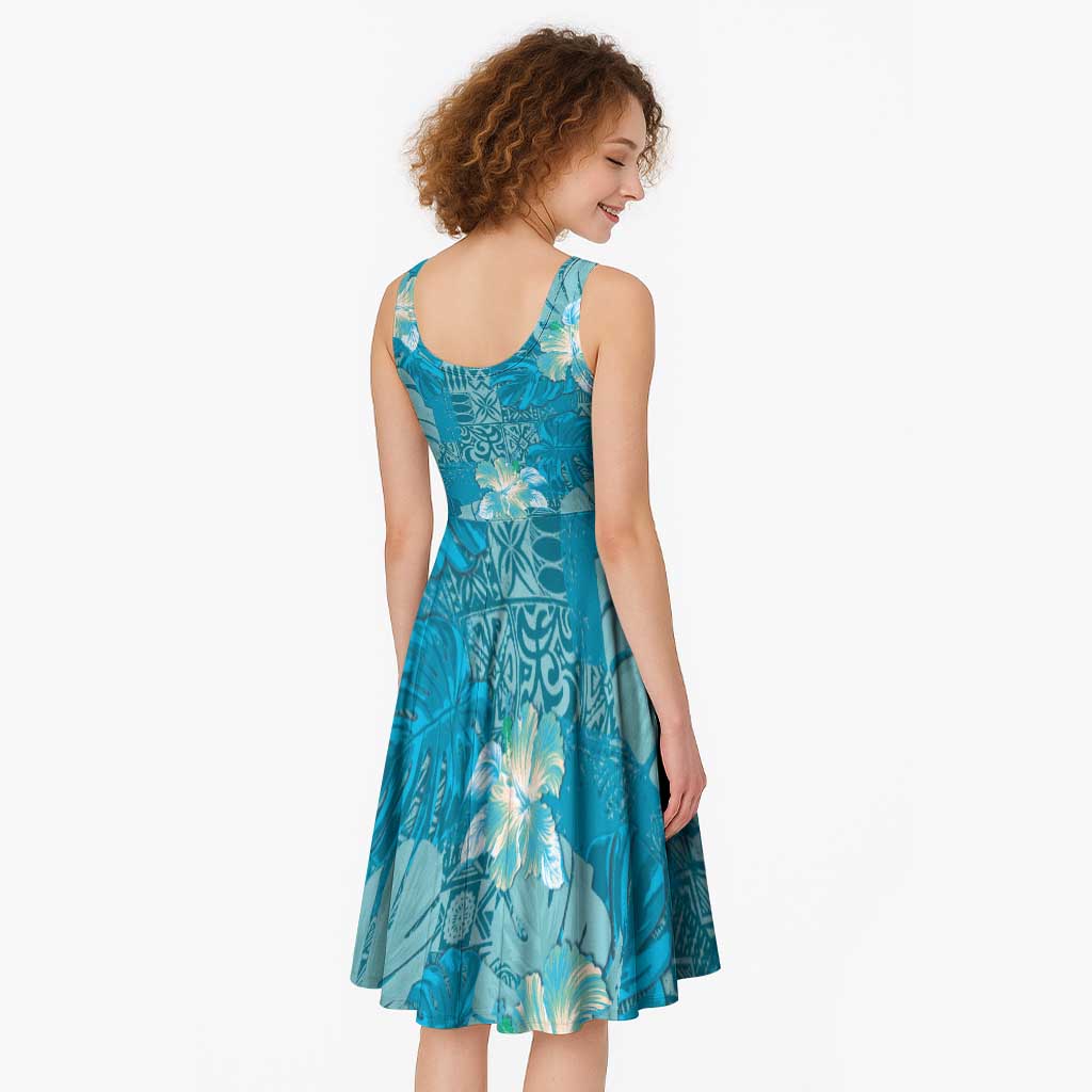Hawaii Midi Dress Teal Polynesian Monstera Patterns - Polynesian Pride