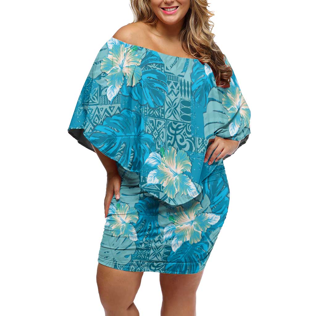 Hawaii Off Shoulder Short Dress Teal Polynesian Monstera Patterns - Polynesian Pride