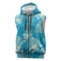 Hawaii Sleeveless Zip Hoodie Teal Polynesian Monstera Patterns - Polynesian Pride