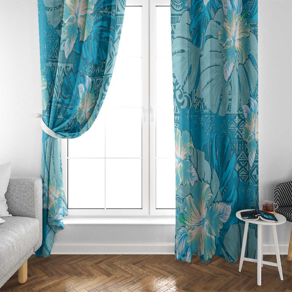 Hawaii Window Curtain Teal Polynesian Monstera Patterns - Polynesian Pride