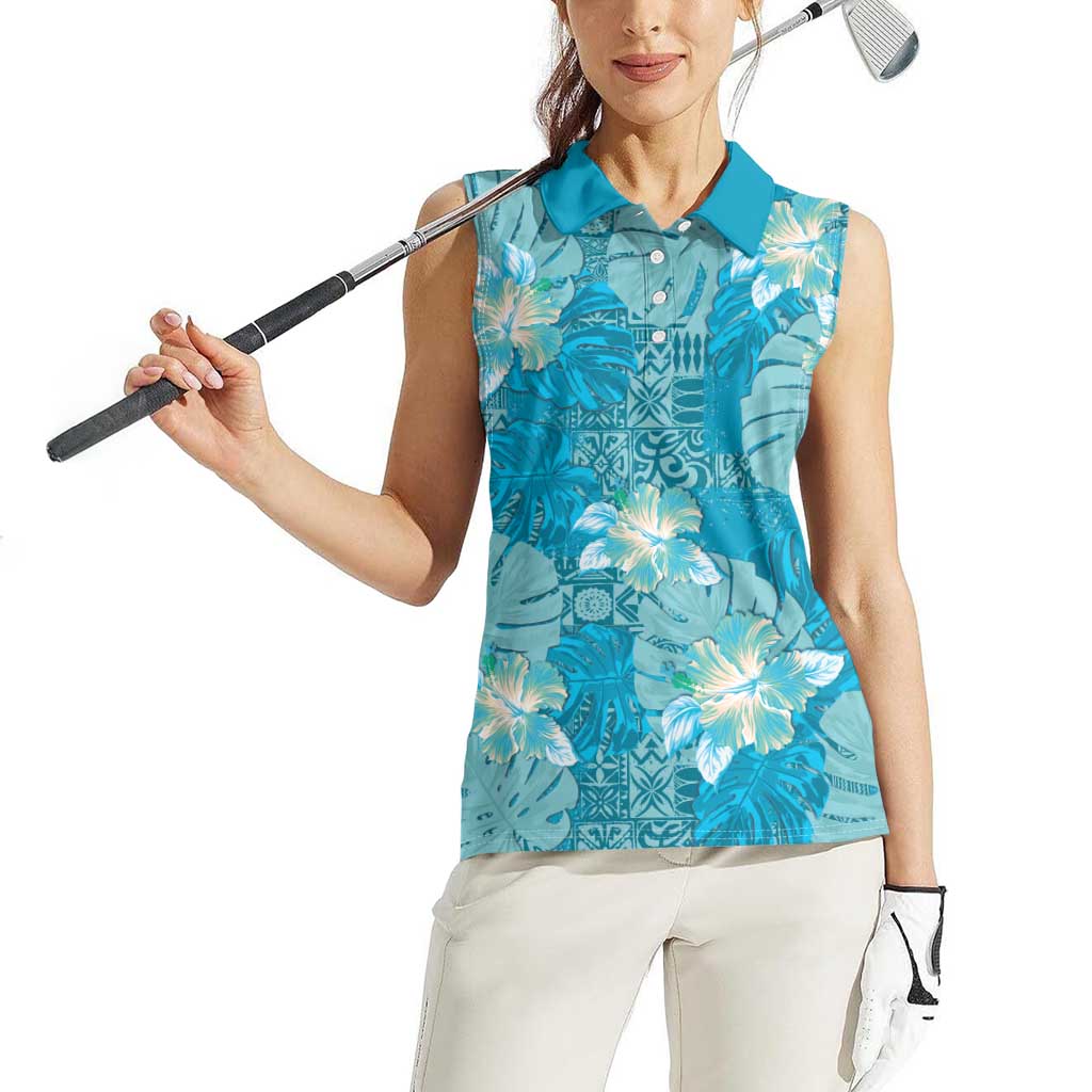 Hawaii Women Sleeveless Polo Shirt Teal Polynesian Monstera Patterns - Polynesian Pride