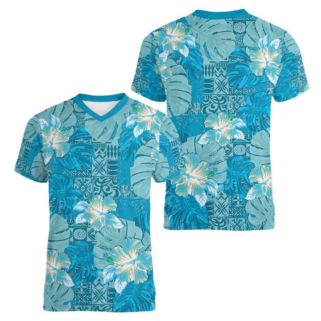 Hawaii Women V-Neck T-Shirt Teal Polynesian Monstera Patterns - Polynesian Pride