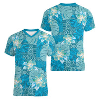Hawaii Women V-Neck T-Shirt Teal Polynesian Monstera Patterns - Polynesian Pride