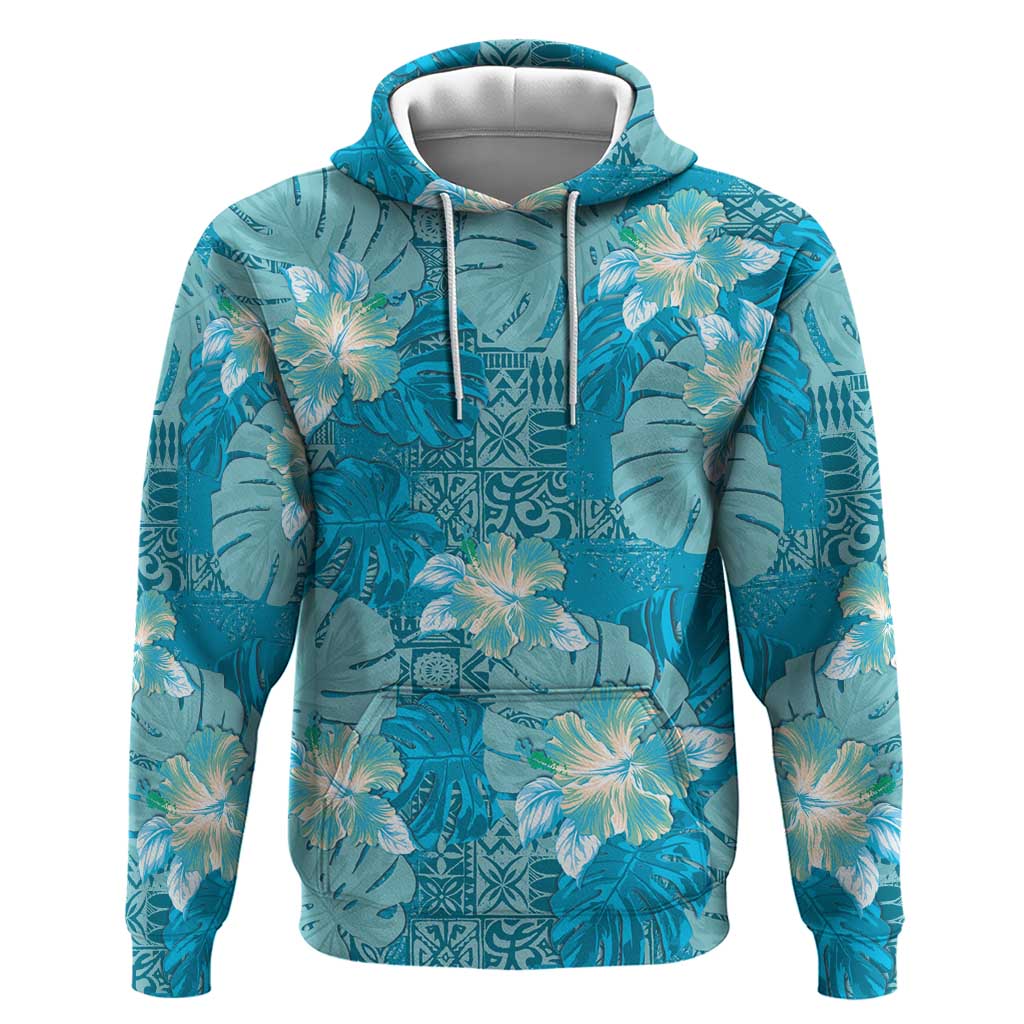 Hawaii Zip Hoodie Teal Polynesian Monstera Patterns - Polynesian Pride