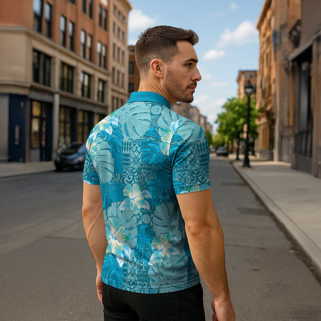Hawaii Zipper Polo Shirt Teal Polynesian Monstera Patterns - Polynesian Pride