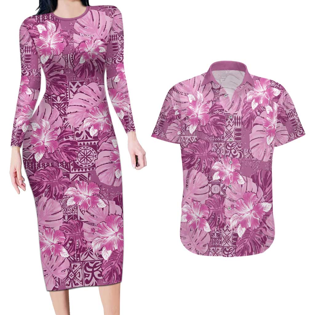 Hawaii Couples Matching Long Sleeve Bodycon Dress and Hawaiian Shirt Magenta Polynesian Monstera Patterns DT05 Magenta - Polynesian Pride