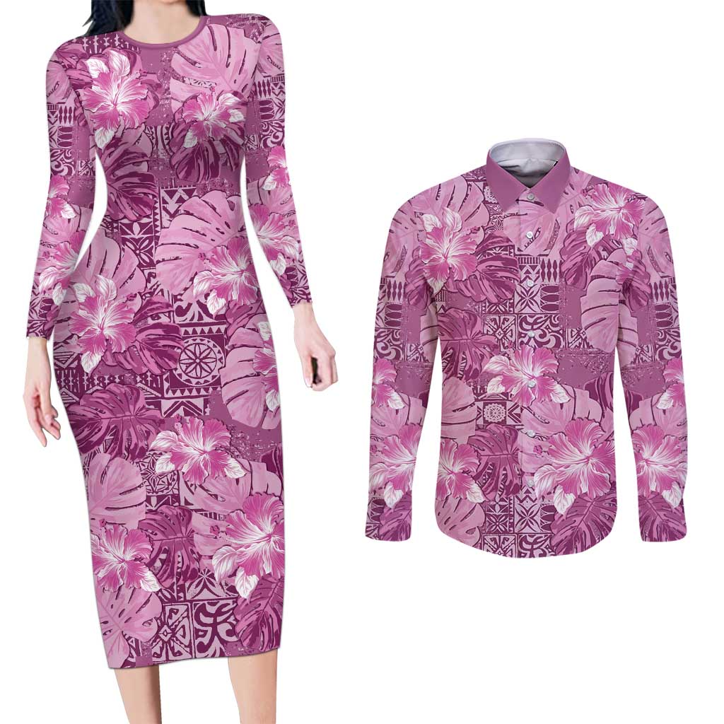 Hawaii Couples Matching Long Sleeve Bodycon Dress and Long Sleeve Button Shirt Magenta Polynesian Monstera Patterns DT05 Magenta - Polynesian Pride