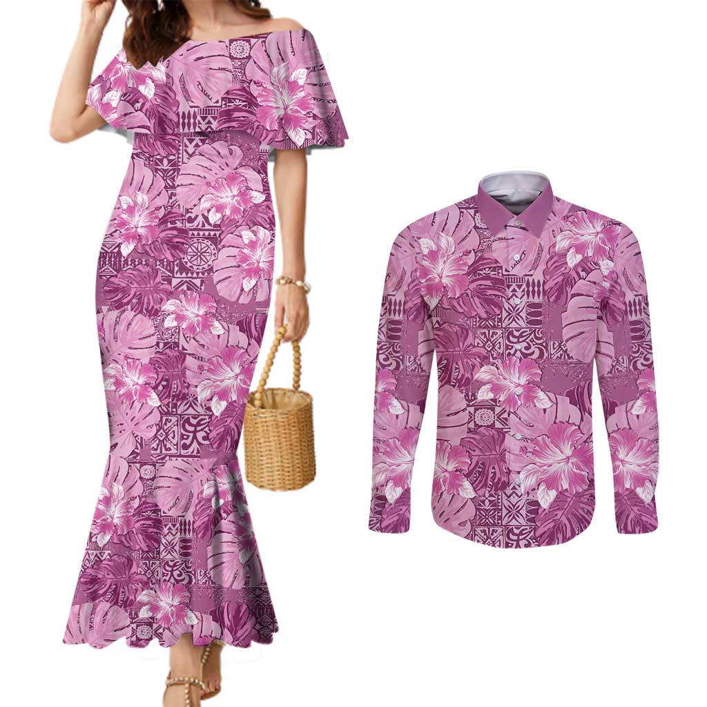 Hawaii Couples Matching Mermaid Dress and Long Sleeve Button Shirt Magenta Polynesian Monstera Patterns DT05 Magenta - Polynesian Pride