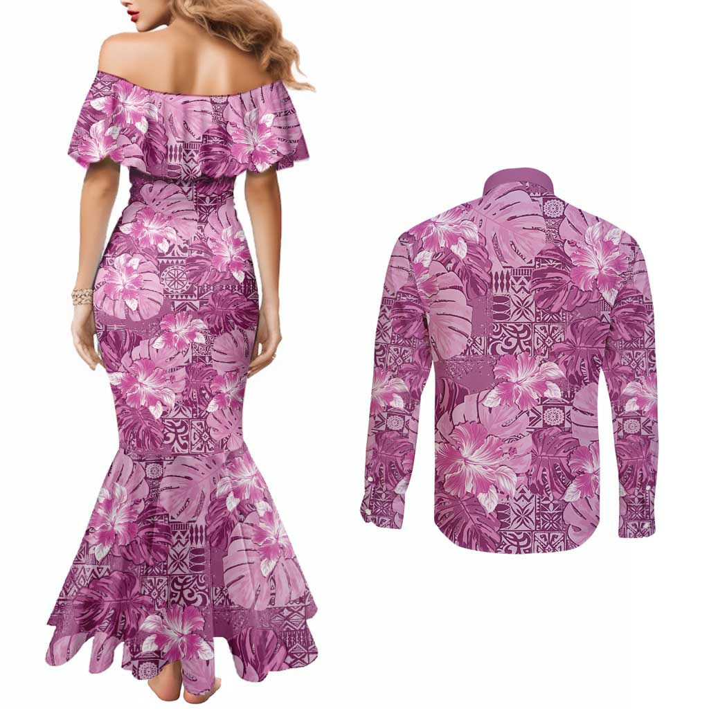 Hawaii Couples Matching Mermaid Dress and Long Sleeve Button Shirt Magenta Polynesian Monstera Patterns - Polynesian Pride