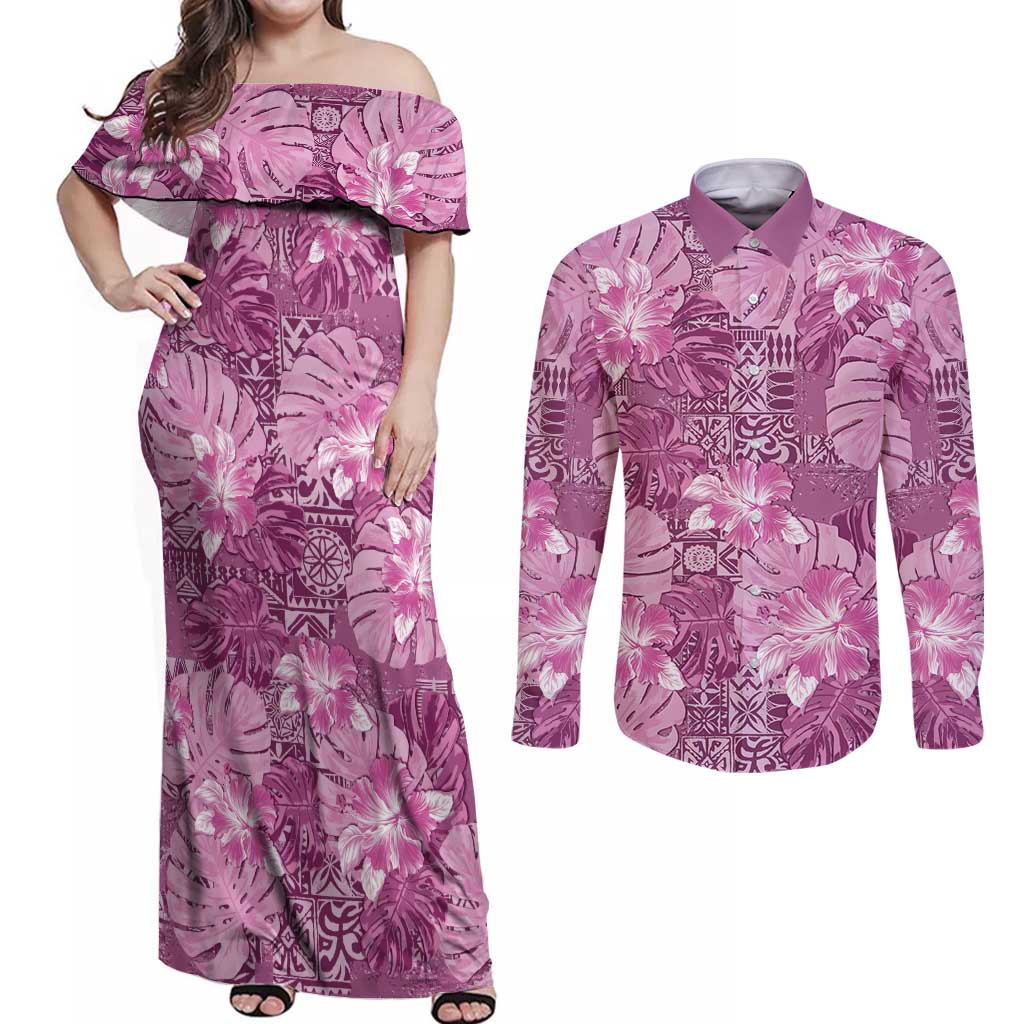 Hawaii Couples Matching Off Shoulder Maxi Dress and Long Sleeve Button Shirt Magenta Polynesian Monstera Patterns DT05 Magenta - Polynesian Pride