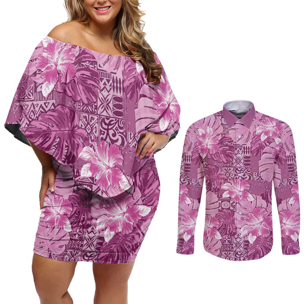 Hawaii Couples Matching Off Shoulder Short Dress and Long Sleeve Button Shirt Magenta Polynesian Monstera Patterns DT05 Magenta - Polynesian Pride