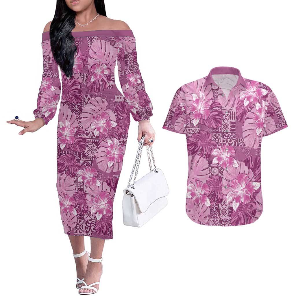 Hawaii Couples Matching Off The Shoulder Long Sleeve Dress and Hawaiian Shirt Magenta Polynesian Monstera Patterns DT05 Magenta - Polynesian Pride