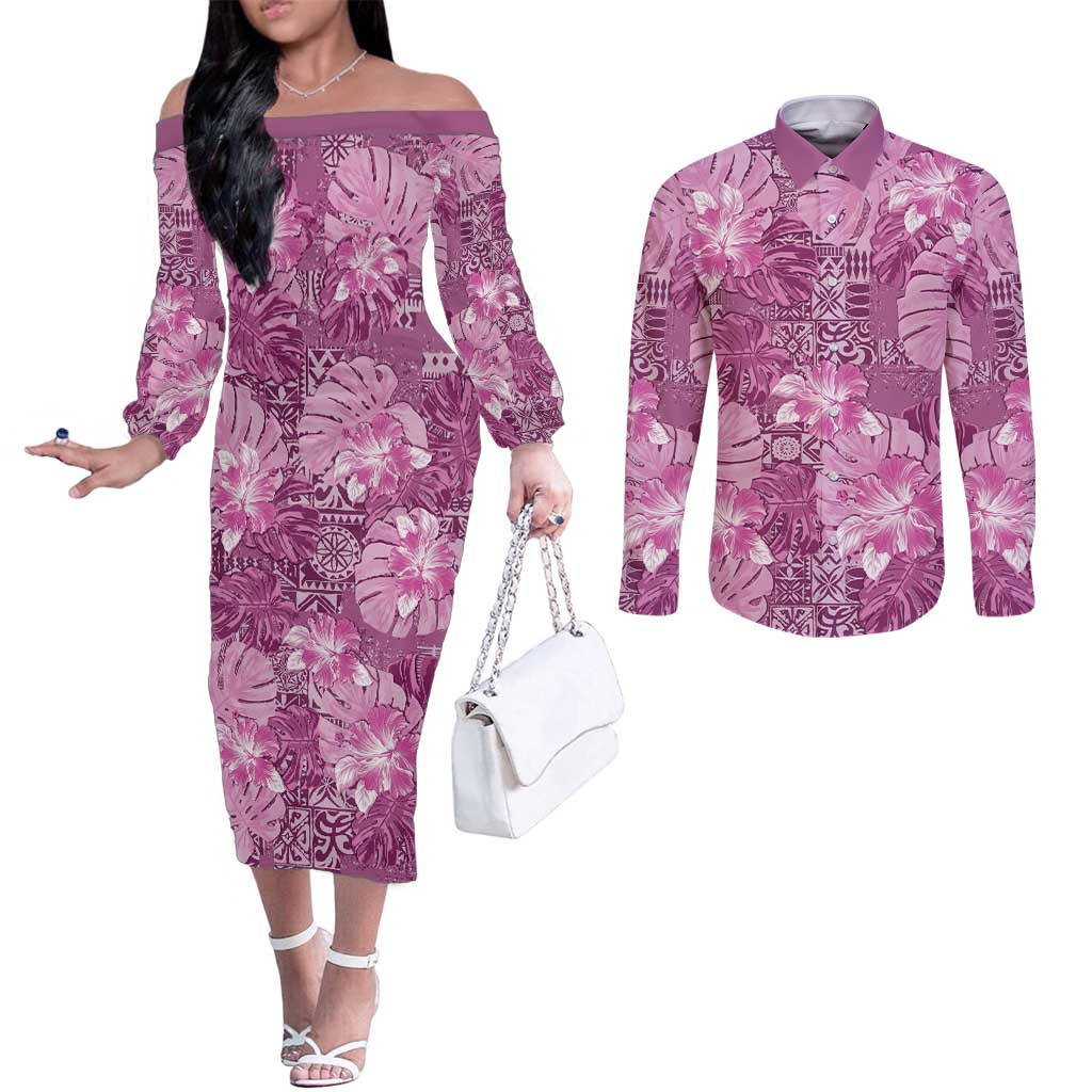 Hawaii Couples Matching Off The Shoulder Long Sleeve Dress and Long Sleeve Button Shirt Magenta Polynesian Monstera Patterns DT05 Magenta - Polynesian Pride