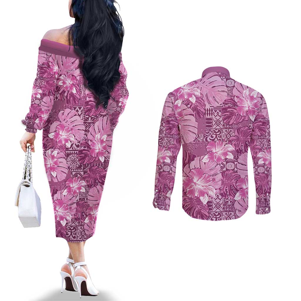Hawaii Couples Matching Off The Shoulder Long Sleeve Dress and Long Sleeve Button Shirt Magenta Polynesian Monstera Patterns DT05 - Polynesian Pride