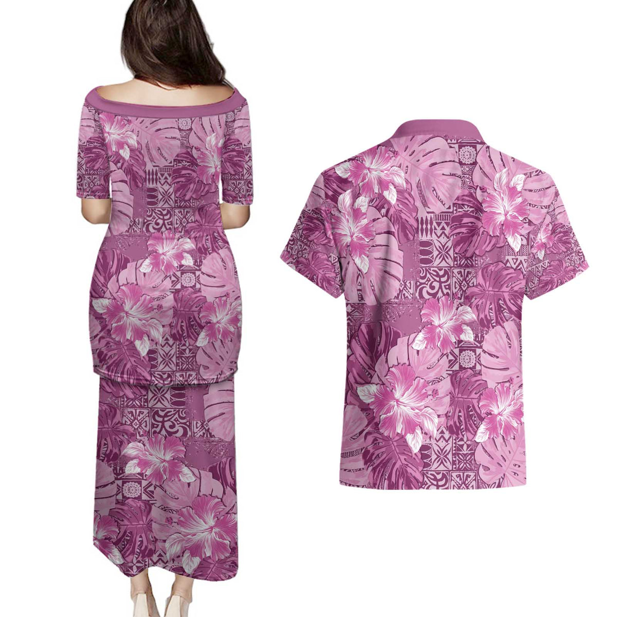 Hawaii Couples Matching Puletasi and Hawaiian Shirt Magenta Polynesian Monstera Patterns - Polynesian Pride
