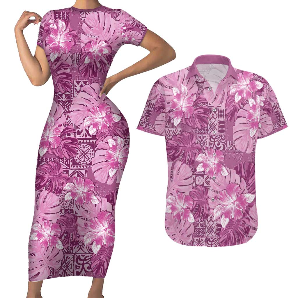 Hawaii Couples Matching Short Sleeve Bodycon Dress and Hawaiian Shirt Magenta Polynesian Monstera Patterns DT05 Magenta - Polynesian Pride