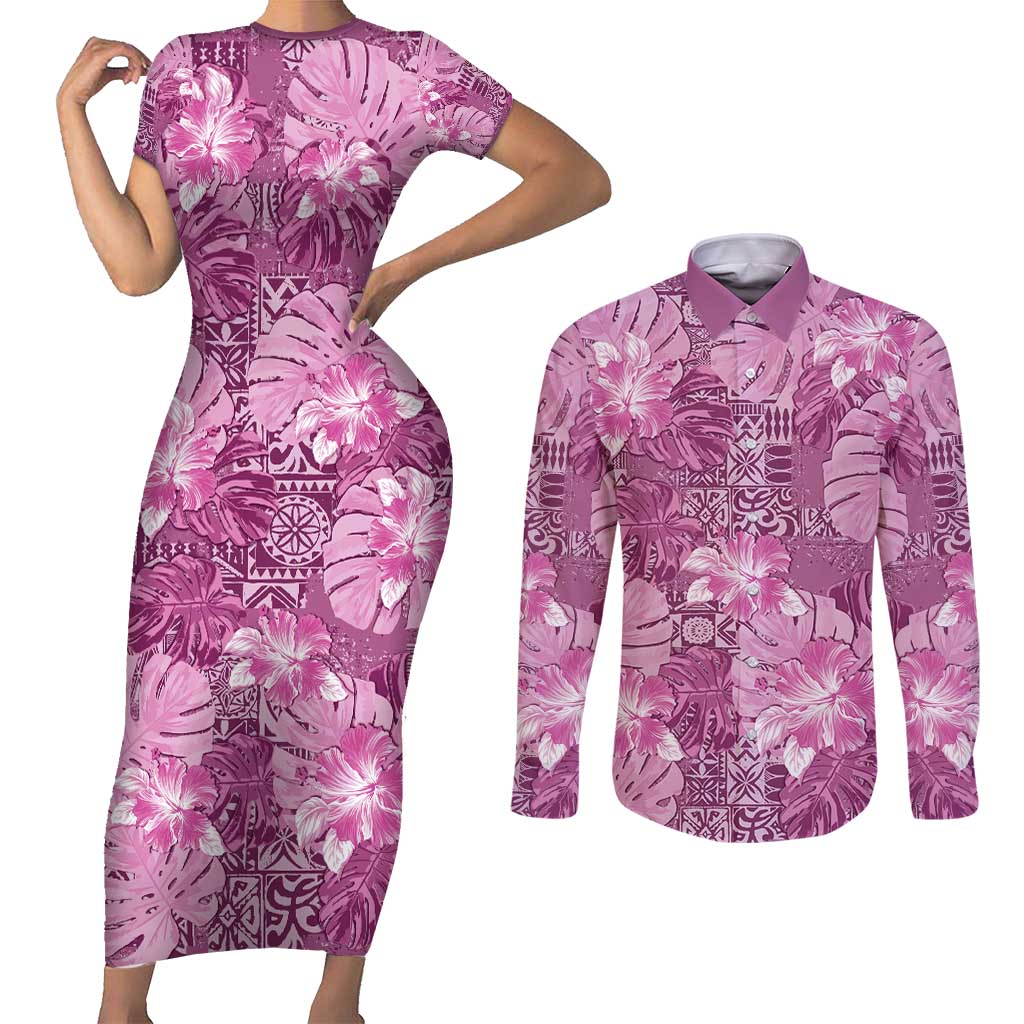 Hawaii Couples Matching Short Sleeve Bodycon Dress and Long Sleeve Button Shirt Magenta Polynesian Monstera Patterns DT05 Magenta - Polynesian Pride