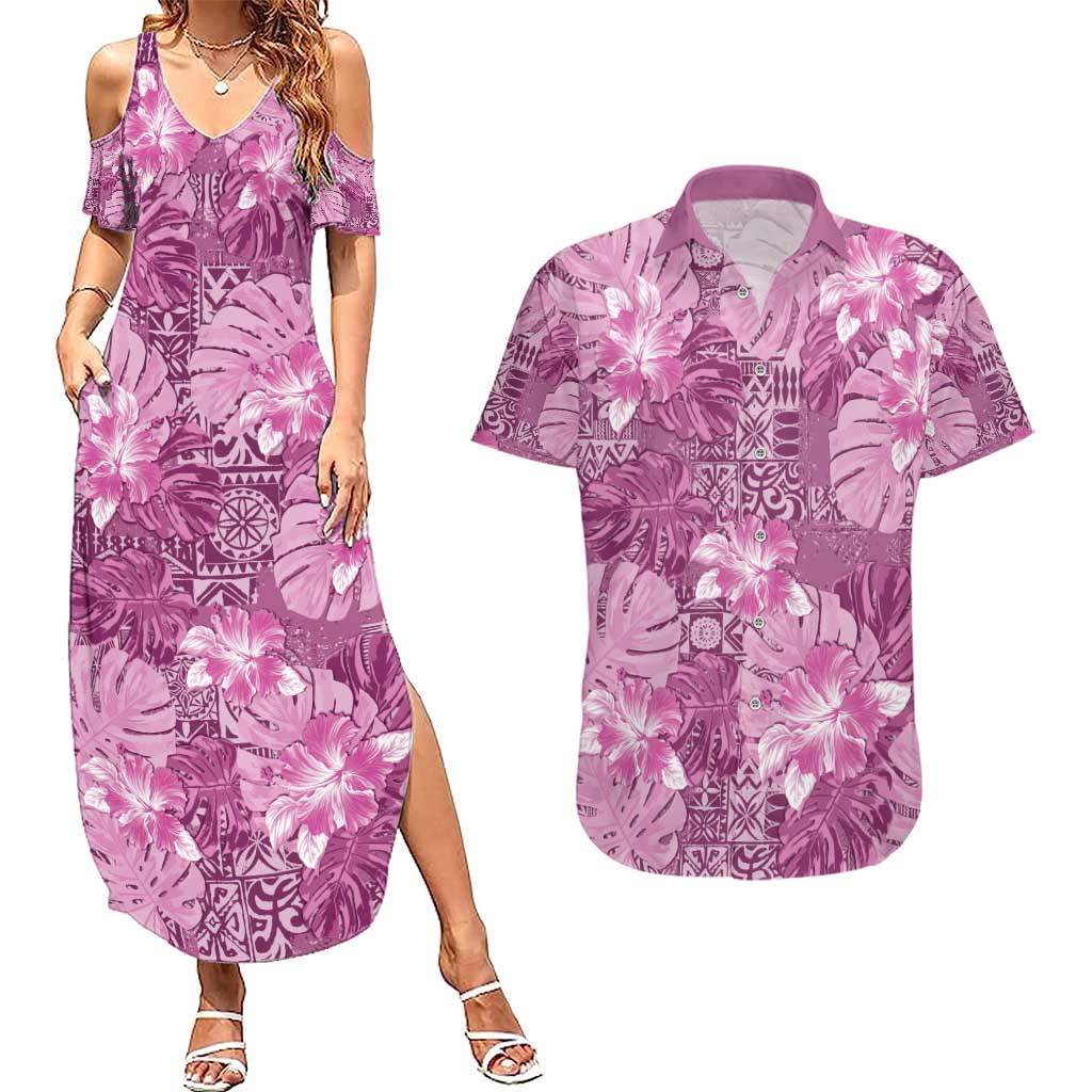 Hawaii Couples Matching Summer Maxi Dress and Hawaiian Shirt Magenta Polynesian Monstera Patterns DT05 Magenta - Polynesian Pride