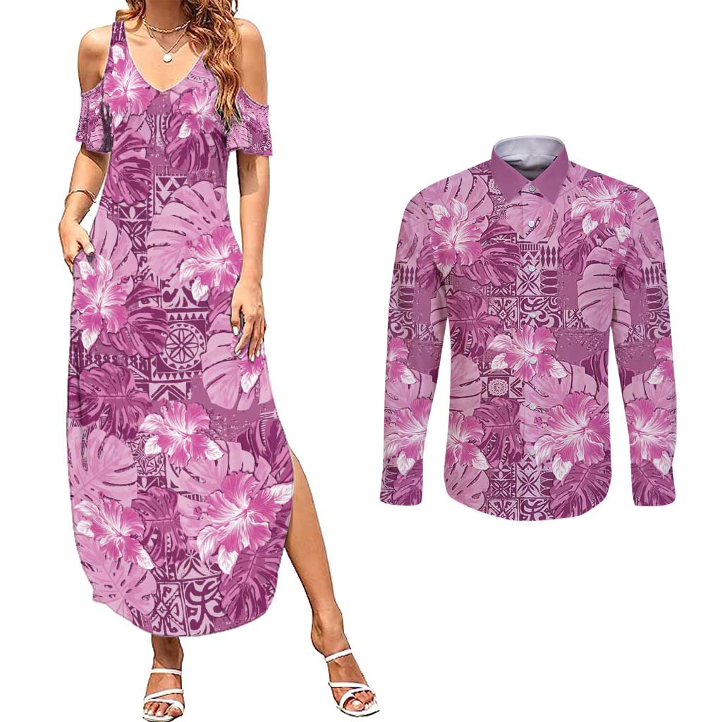Hawaii Couples Matching Summer Maxi Dress and Long Sleeve Button Shirt Magenta Polynesian Monstera Patterns DT05 Magenta - Polynesian Pride