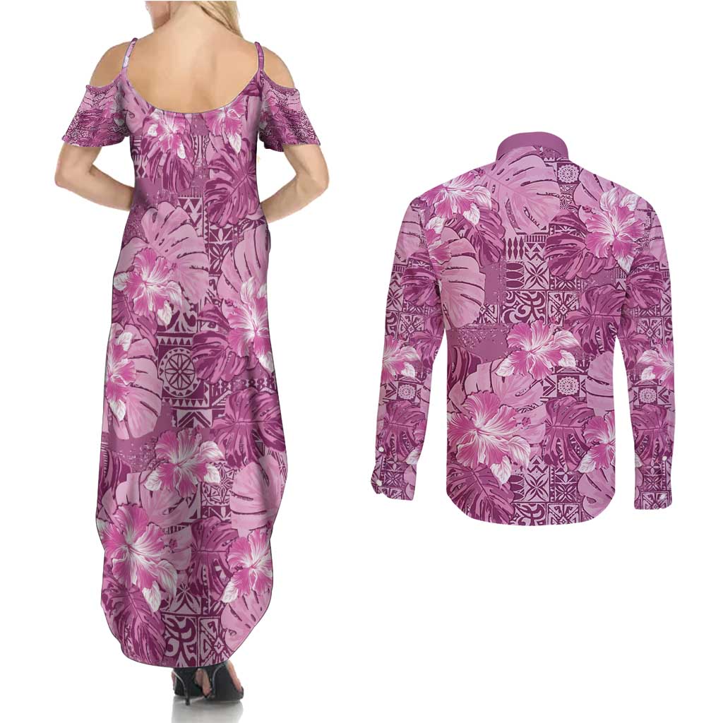 Hawaii Couples Matching Summer Maxi Dress and Long Sleeve Button Shirt Magenta Polynesian Monstera Patterns - Polynesian Pride