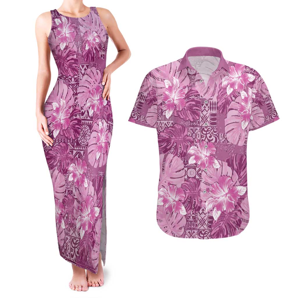 Hawaii Couples Matching Tank Maxi Dress and Hawaiian Shirt Magenta Polynesian Monstera Patterns DT05 Magenta - Polynesian Pride
