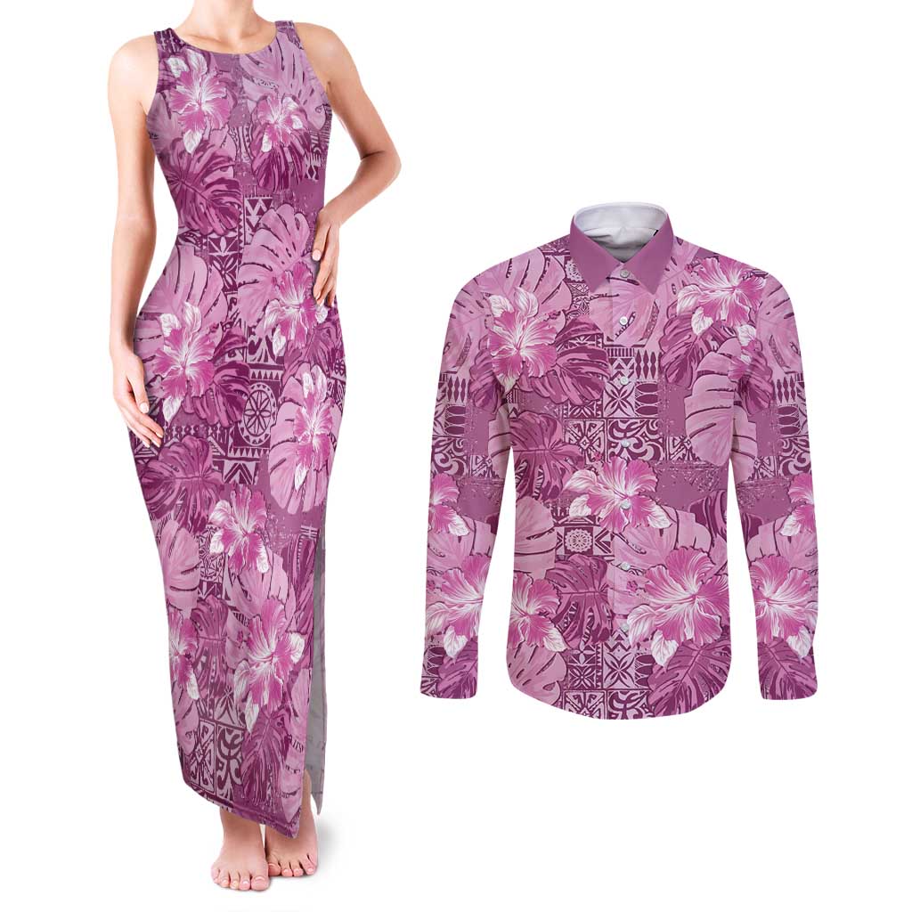 Hawaii Couples Matching Tank Maxi Dress and Long Sleeve Button Shirt Magenta Polynesian Monstera Patterns DT05 Magenta - Polynesian Pride
