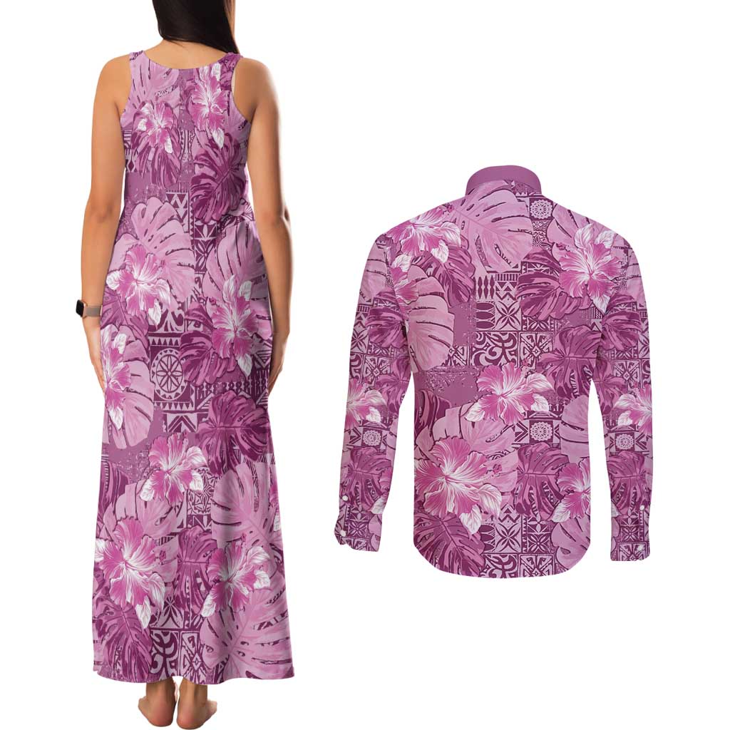 Hawaii Couples Matching Tank Maxi Dress and Long Sleeve Button Shirt Magenta Polynesian Monstera Patterns DT05 - Polynesian Pride