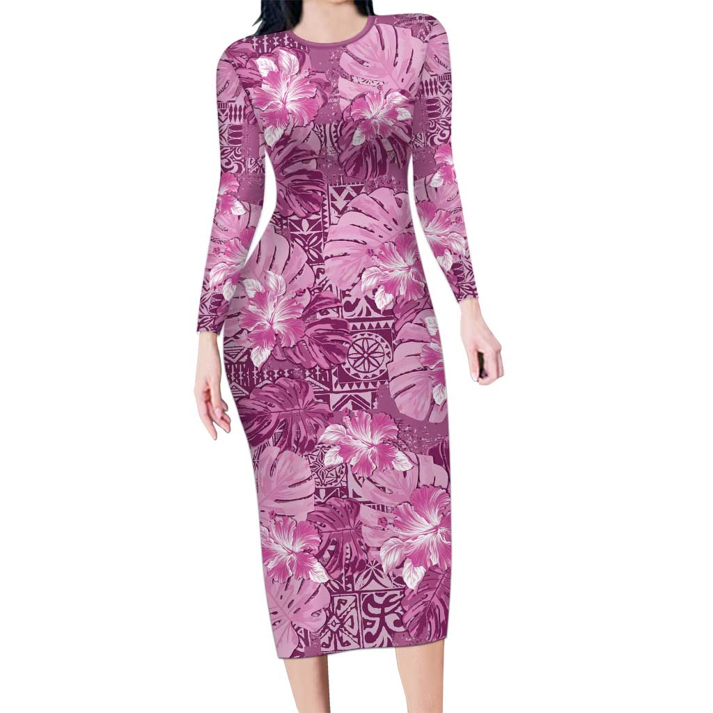 Hawaii Family Matching Long Sleeve Bodycon Dress and Hawaiian Shirt Magenta Polynesian Monstera Patterns - Polynesian Pride
