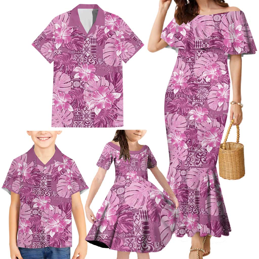 Hawaii Family Matching Mermaid Dress and Hawaiian Shirt Magenta Polynesian Monstera Patterns DT05 - Polynesian Pride