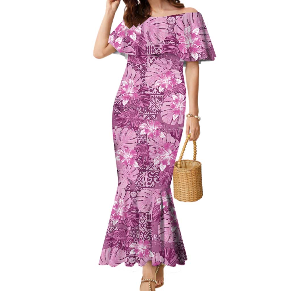 Hawaii Family Matching Mermaid Dress and Hawaiian Shirt Magenta Polynesian Monstera Patterns - Polynesian Pride