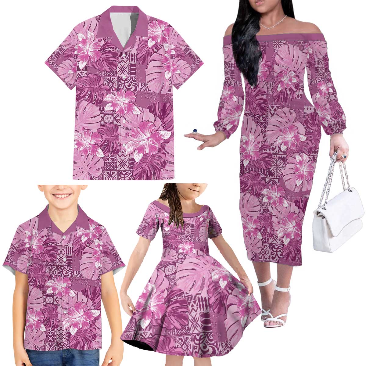 Hawaii Family Matching Off The Shoulder Long Sleeve Dress and Hawaiian Shirt Magenta Polynesian Monstera Patterns DT05 - Polynesian Pride