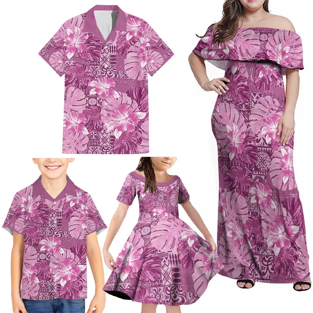 Hawaii Family Matching Off Shoulder Maxi Dress and Hawaiian Shirt Magenta Polynesian Monstera Patterns DT05 - Polynesian Pride