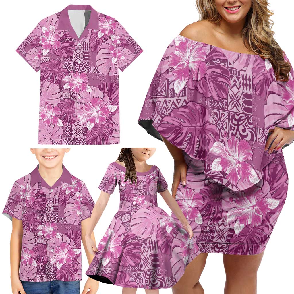 Hawaii Family Matching Off Shoulder Short Dress and Hawaiian Shirt Magenta Polynesian Monstera Patterns DT05 - Polynesian Pride