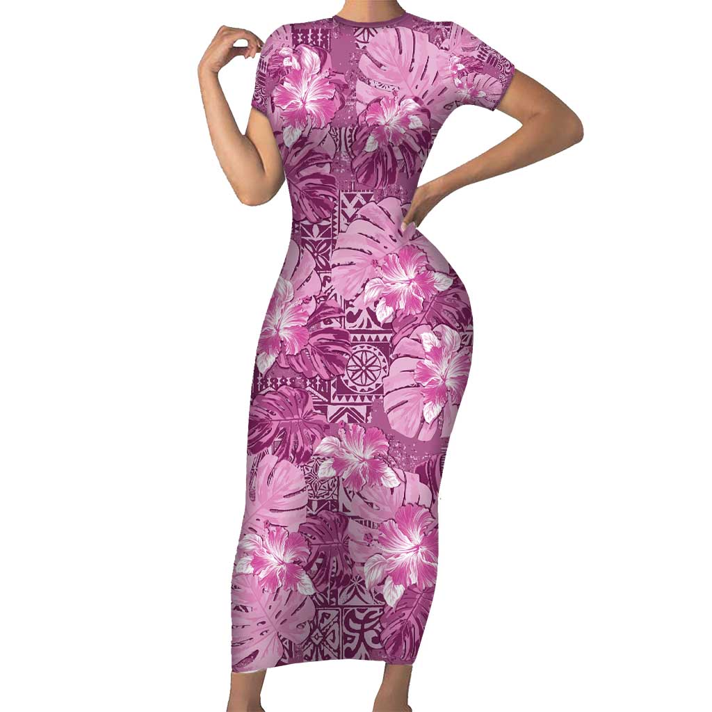 Hawaii Family Matching Short Sleeve Bodycon Dress and Hawaiian Shirt Magenta Polynesian Monstera Patterns - Polynesian Pride