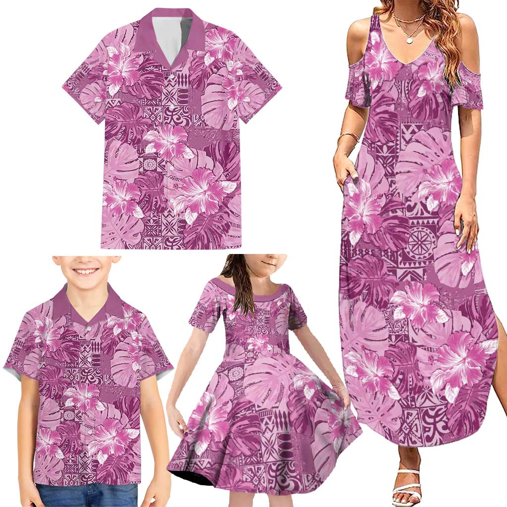 Hawaii Family Matching Summer Maxi Dress and Hawaiian Shirt Magenta Polynesian Monstera Patterns DT05 - Polynesian Pride