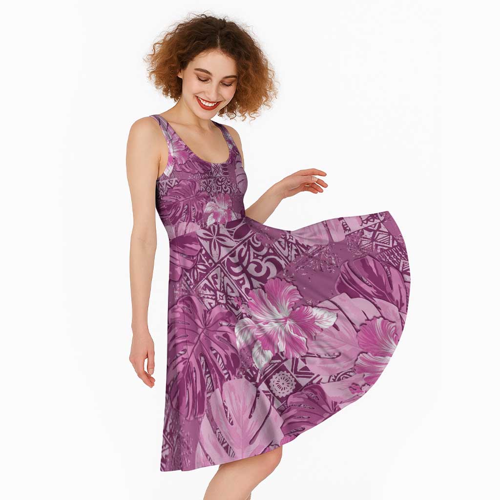 Hawaii Midi Dress Magenta Polynesian Monstera Patterns - Polynesian Pride