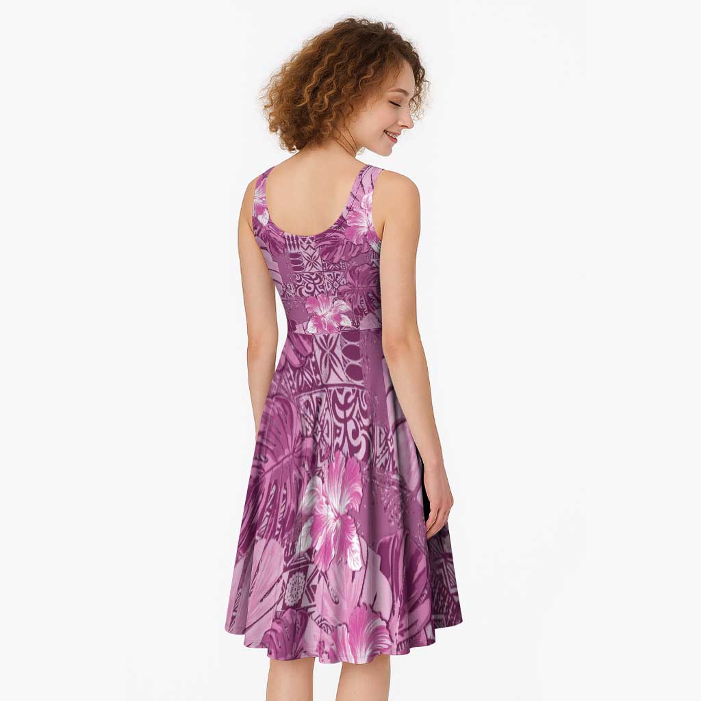 Hawaii Midi Dress Magenta Polynesian Monstera Patterns - Polynesian Pride