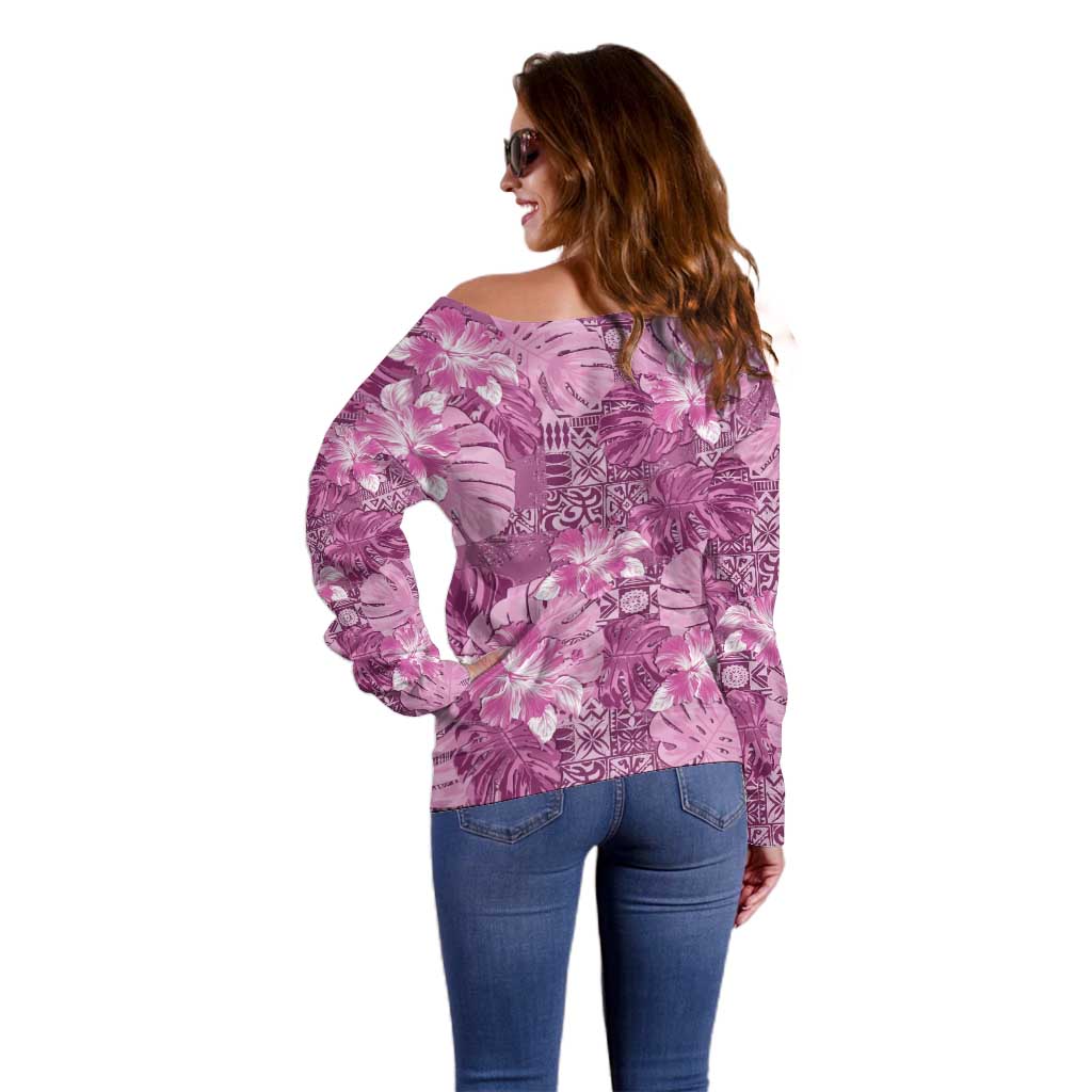 Hawaii Off Shoulder Sweater Magenta Polynesian Monstera Patterns - Polynesian Pride