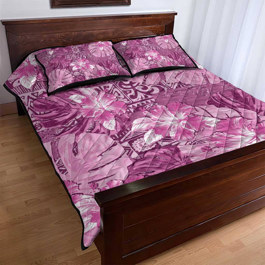 Hawaii Quilt Bed Set Magenta Polynesian Monstera Patterns - Polynesian Pride