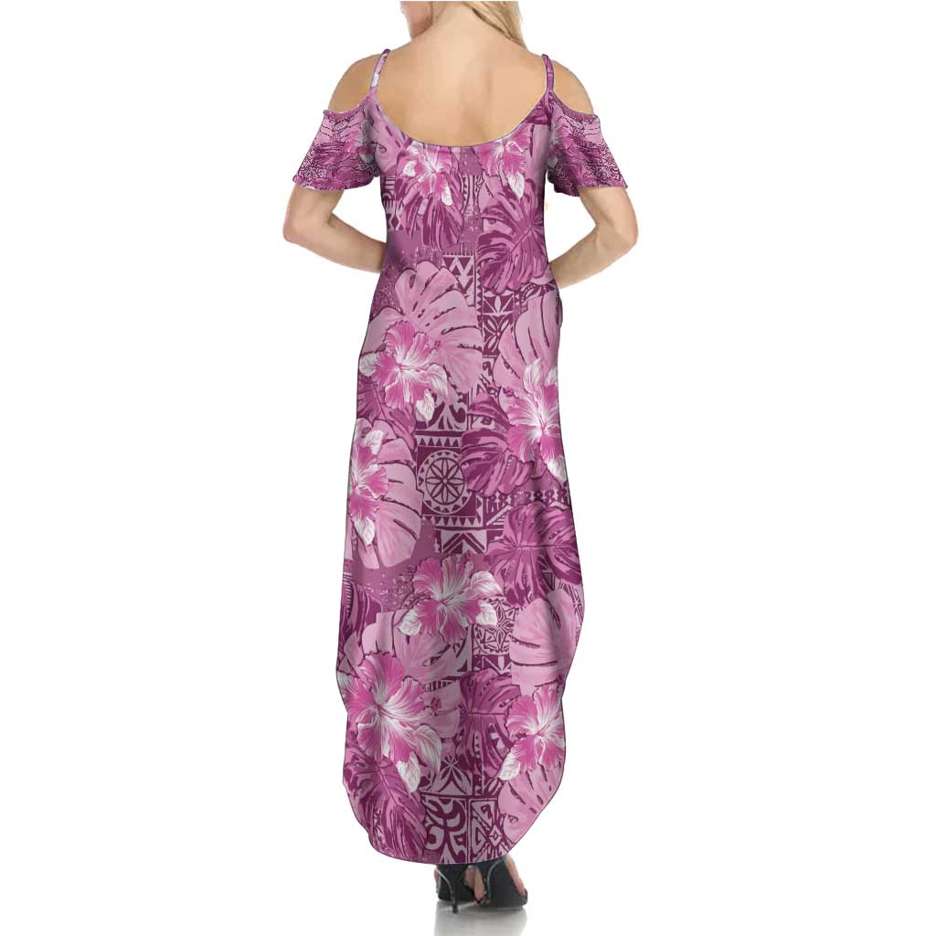 Hawaii Summer Maxi Dress Magenta Polynesian Monstera Patterns - Polynesian Pride