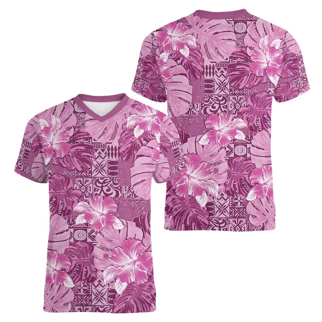 Hawaii Women V-Neck T-Shirt Magenta Polynesian Monstera Patterns - Polynesian Pride