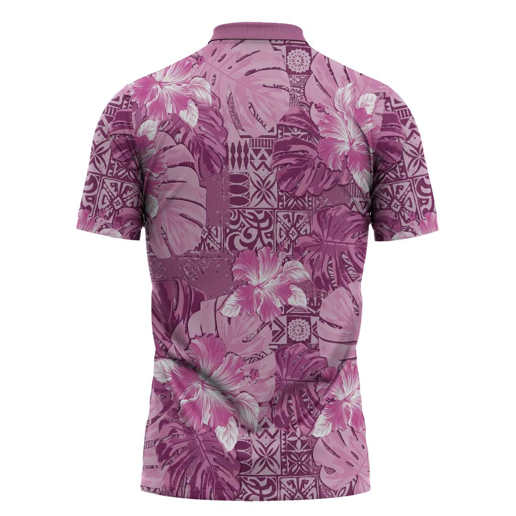 Hawaii Zipper Polo Shirt Magenta Polynesian Monstera Patterns - Polynesian Pride