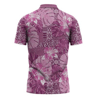 Hawaii Zipper Polo Shirt Magenta Polynesian Monstera Patterns - Polynesian Pride