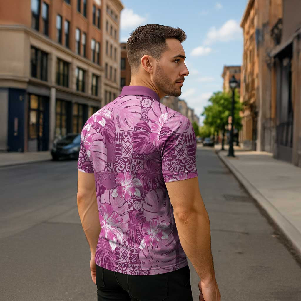 Hawaii Zipper Polo Shirt Magenta Polynesian Monstera Patterns DT05